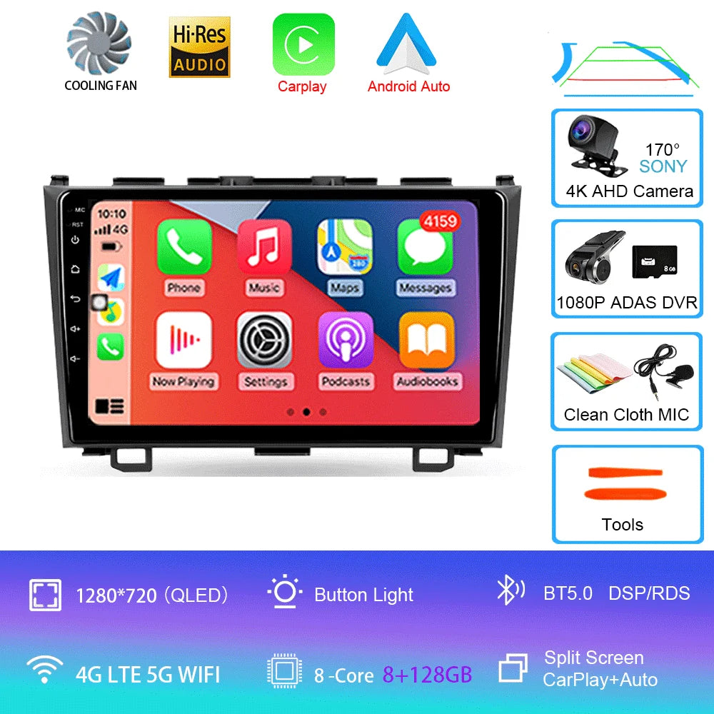 Android 16 Car Radio For Honda CR-V 3 RE CRV 2007 - 2011 Navigation GPS Multimedia Player Stereo WiFi+4G BT Carplay+Auto 2 DIN