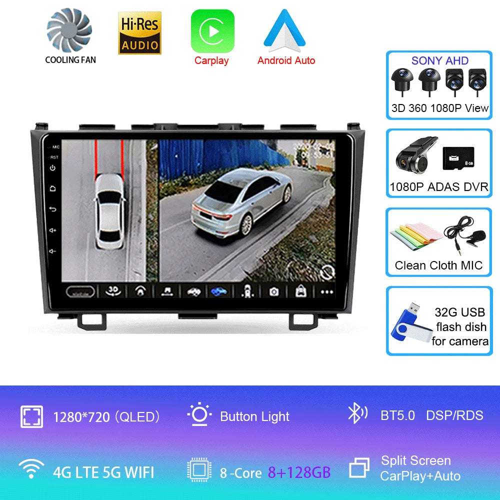 Android 16 Car Radio For Honda CR-V 3 RE CRV 2007 - 2011 Navigation GPS Multimedia Player Stereo WiFi+4G BT Carplay+Auto 2 DIN