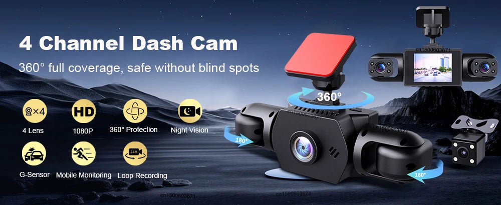 Dash Cam 4 Cámaras HD con Visión Nocturna y Grabación 24H