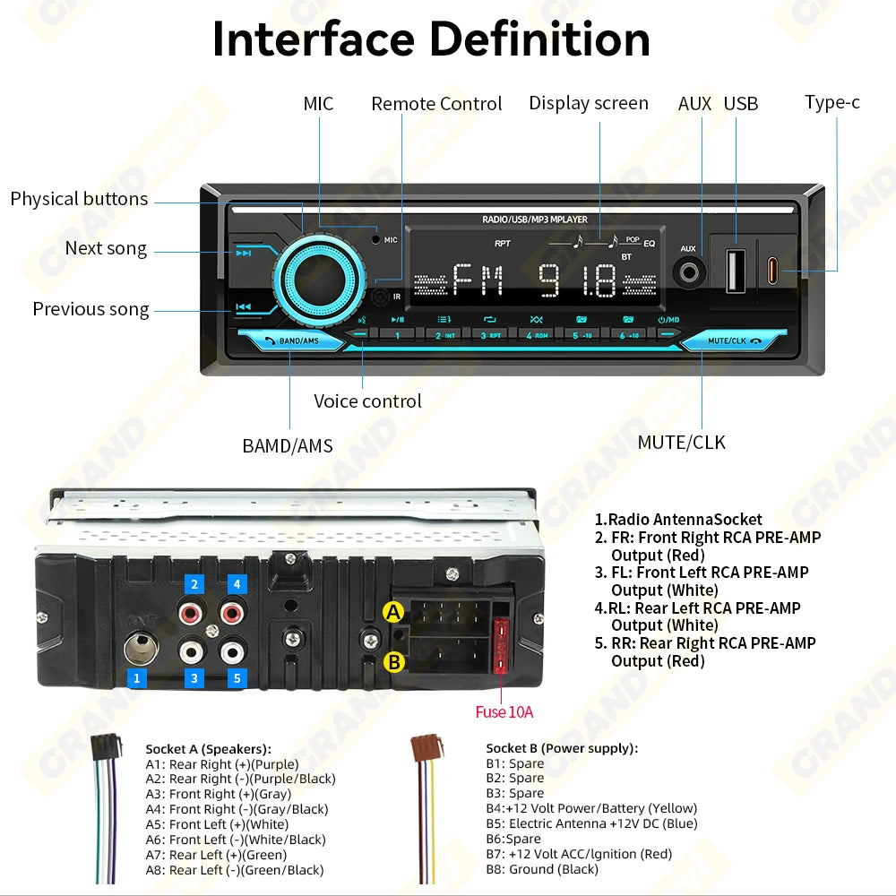 Radio 1 DIN para Auto con Bluetooth, FM, USB Tipo C y Control Remoto
