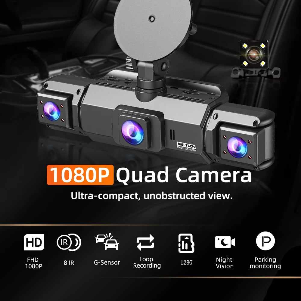 Dash Cam 4 Cámaras FHD 1080p con WiFi y Monitor de Estacionamiento