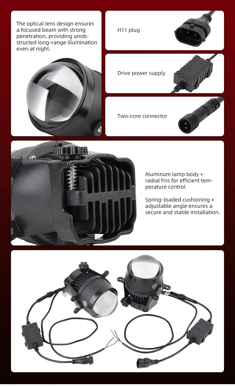 H11 LED Fog Light Headlight Bulb Pure White Light Dual LED Projector Lens High and Low Beam High Power 80W Universal Fog Lights