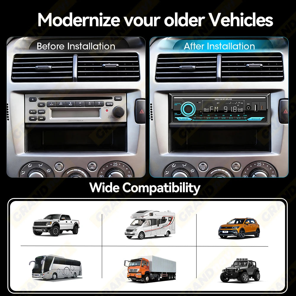 Radio 1 DIN para Auto con Bluetooth, FM, USB Tipo C y Control Remoto