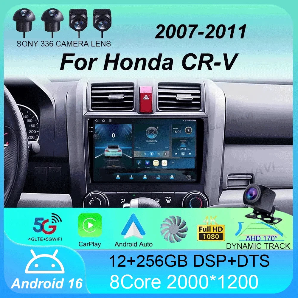 Android 16 Car Radio For Honda CR-V 3 RE CRV 2007 - 2011 Navigation GPS Multimedia Player Stereo WiFi+4G BT Carplay+Auto 2 DIN