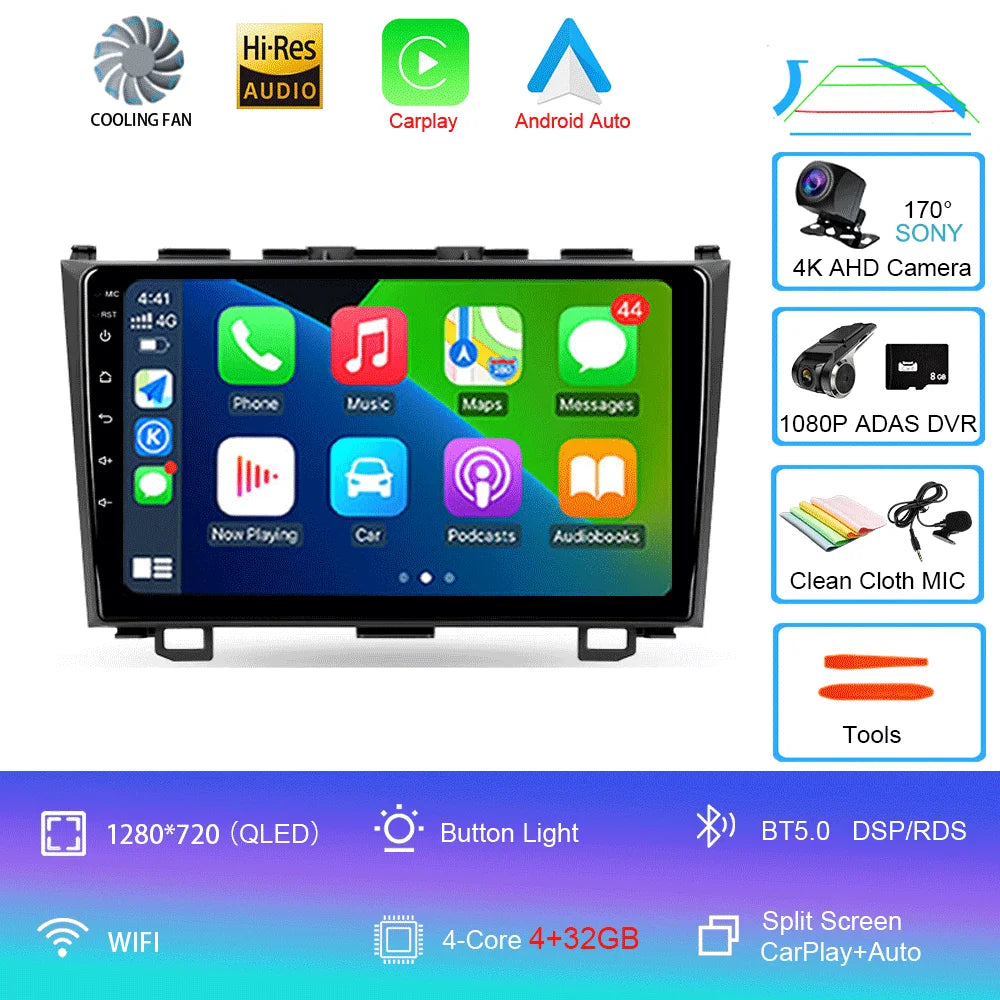 Android 16 Car Radio For Honda CR-V 3 RE CRV 2007 - 2011 Navigation GPS Multimedia Player Stereo WiFi+4G BT Carplay+Auto 2 DIN