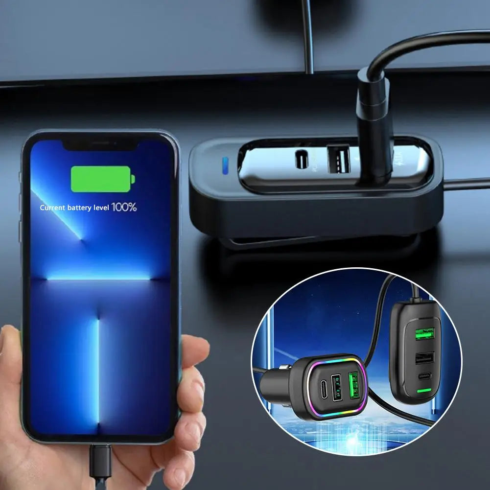 Cargador USB Tipo C para Auto 6 Puertos con Luz RGB y Carga Rápida PD