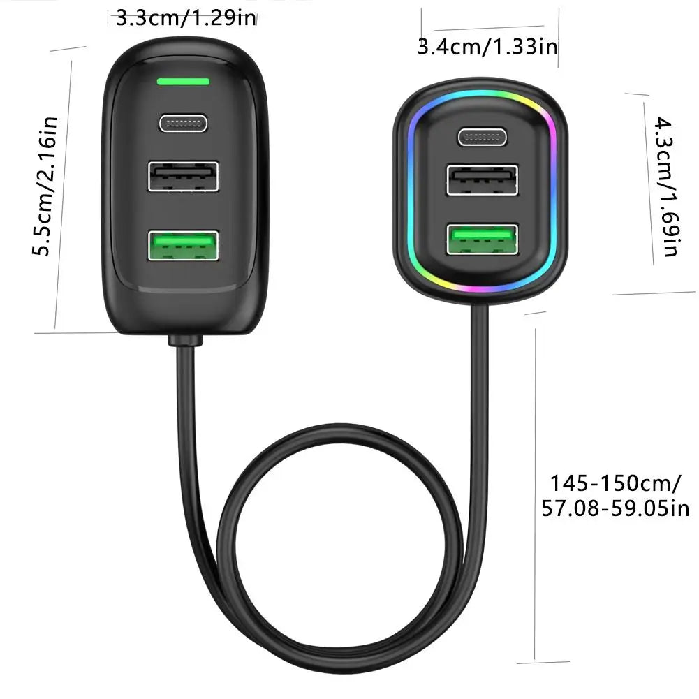 Cargador USB Tipo C para Auto 6 Puertos con Luz RGB y Carga Rápida PD