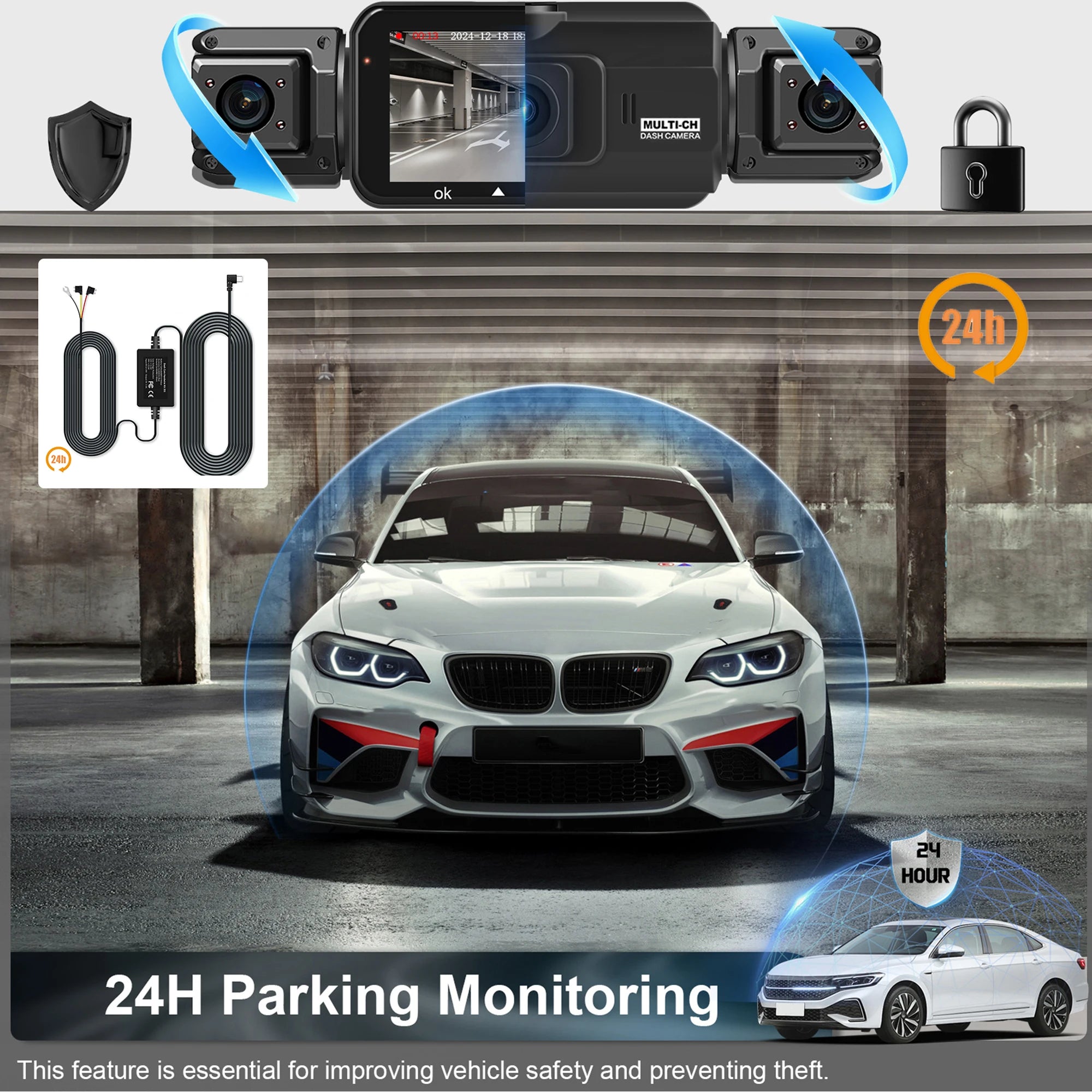 Dash Cam 4 Cámaras FHD 1080p con WiFi y Monitor de Estacionamiento