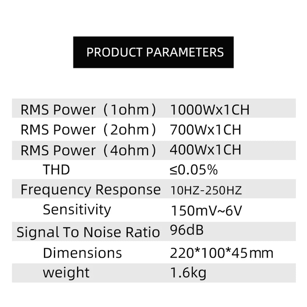 Amplificador Monocanal Clase D para Auto 1000W 12V