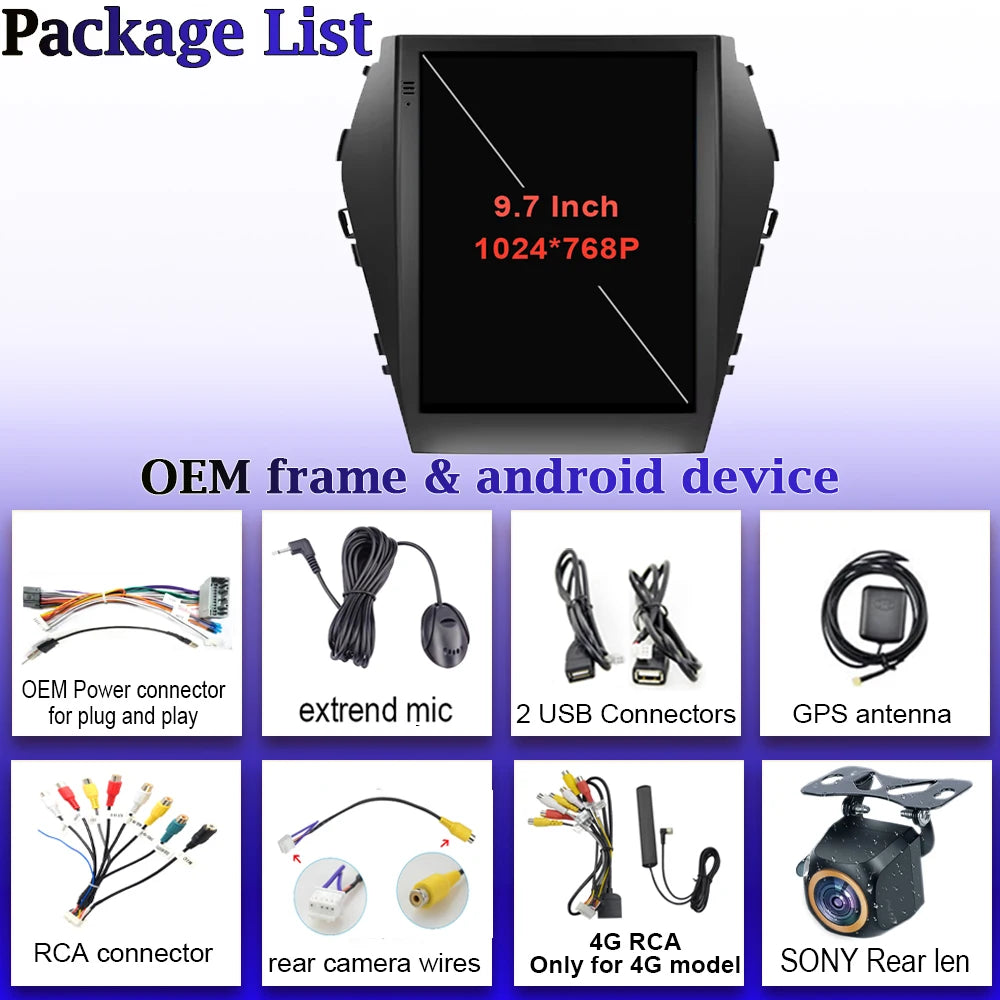 Android16 9.7'' Car Radio For Hyundai Santafe 2013-2017 IX45 2013-2017 Android auto Multimedia Player Carplay Auto 5G Navigation