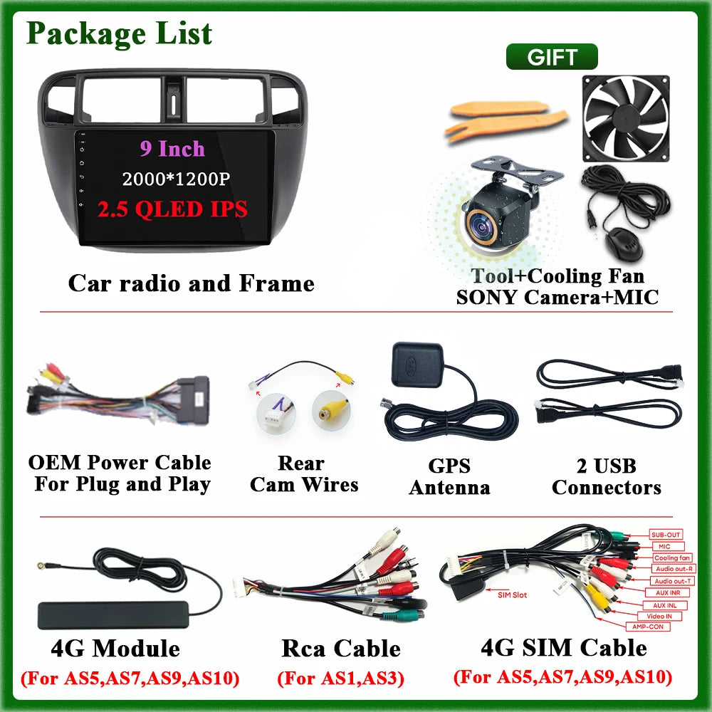 Radio Android 9" para Honda Civic 1995-2001 con GPS, CarPlay y WiFi