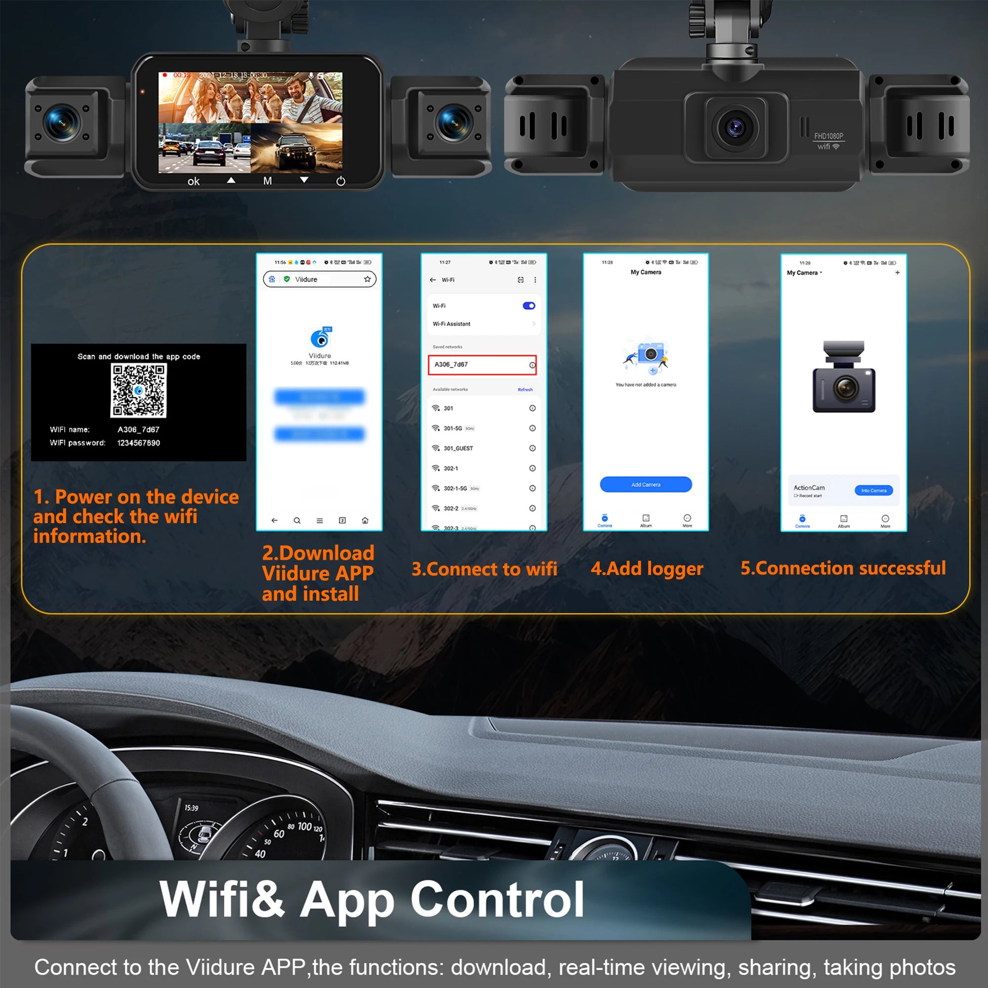 Dash Cam 4 Cámaras FHD 1080p con WiFi y Monitor de Estacionamiento