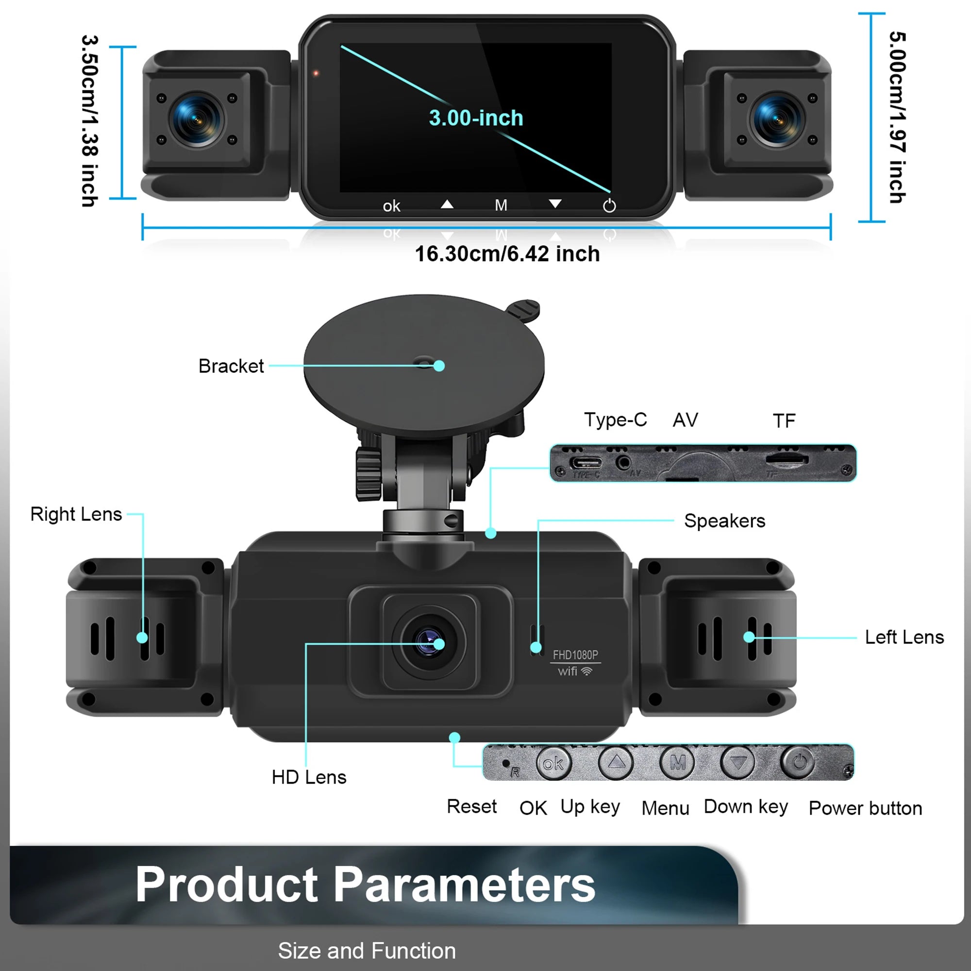 Dash Cam 4 Cámaras FHD 1080p con WiFi y Monitor de Estacionamiento