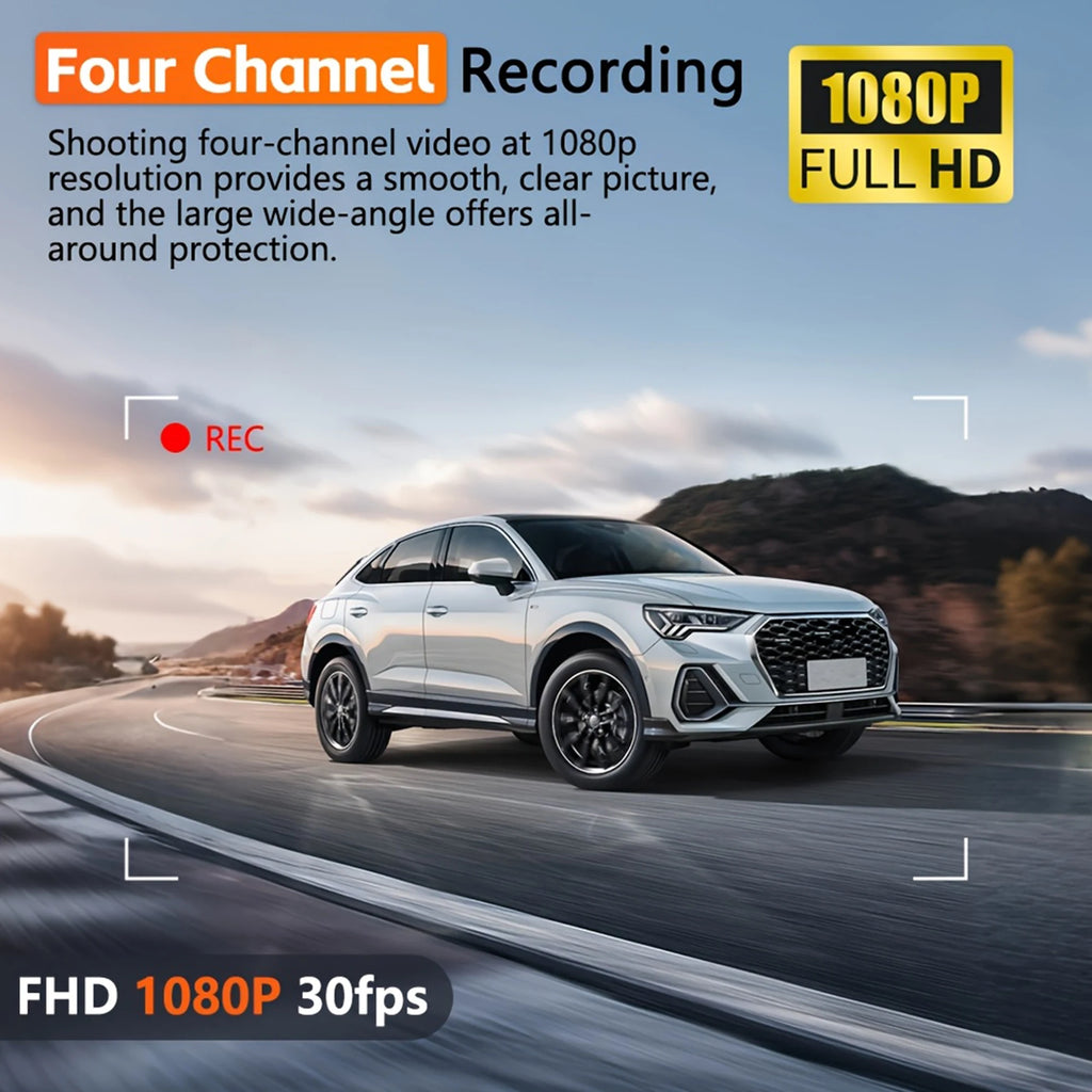 Dash Cam 4 Cámaras FHD 1080p con WiFi y Monitor de Estacionamiento