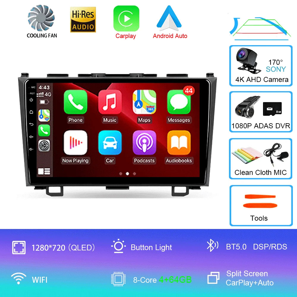 Android 16 Car Radio For Honda CR-V 3 RE CRV 2007 - 2011 Navigation GPS Multimedia Player Stereo WiFi+4G BT Carplay+Auto 2 DIN