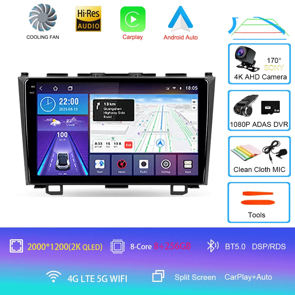 Android 16 Car Radio For Honda CR-V 3 RE CRV 2007 - 2011 Navigation GPS Multimedia Player Stereo WiFi+4G BT Carplay+Auto 2 DIN