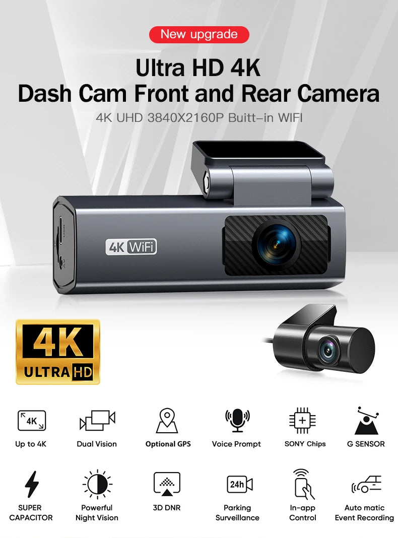 Dash Cam 4K para Auto con Grabación 24H y Monitor de Estacionamiento