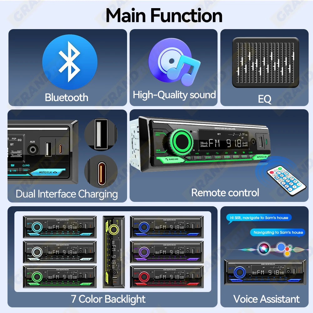 Radio 1 DIN para Auto con Bluetooth, FM, USB Tipo C y Control Remoto
