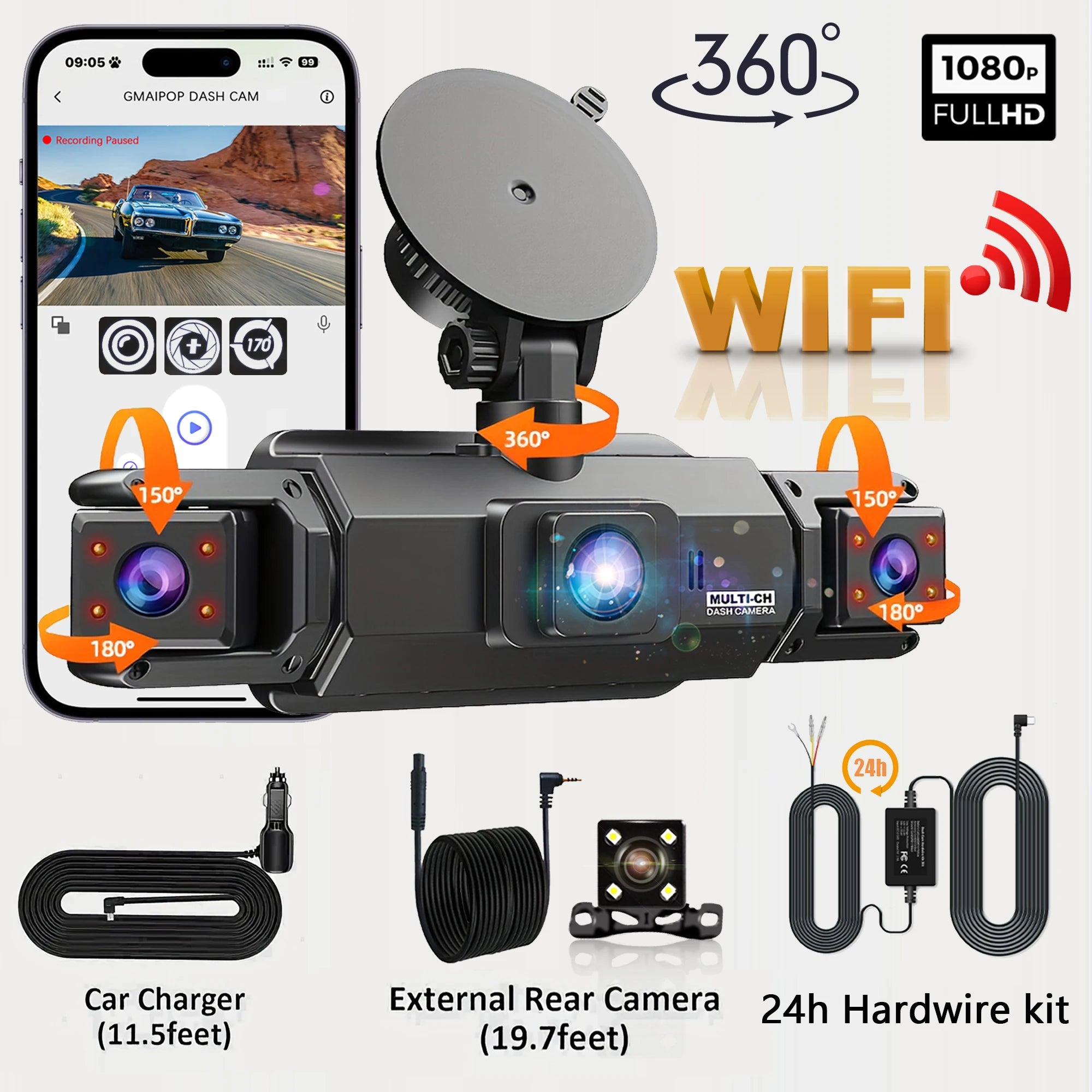 Dash Cam 4 Cámaras FHD 1080p con WiFi y Monitor de Estacionamiento