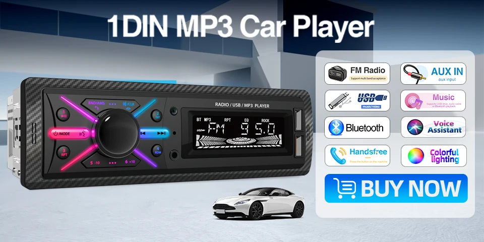 Radio 1 DIN para Auto con Bluetooth, FM, USB Tipo C y Control Remoto