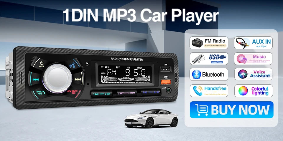 Radio 1 DIN para Auto con Bluetooth, FM, USB Tipo C y Control Remoto