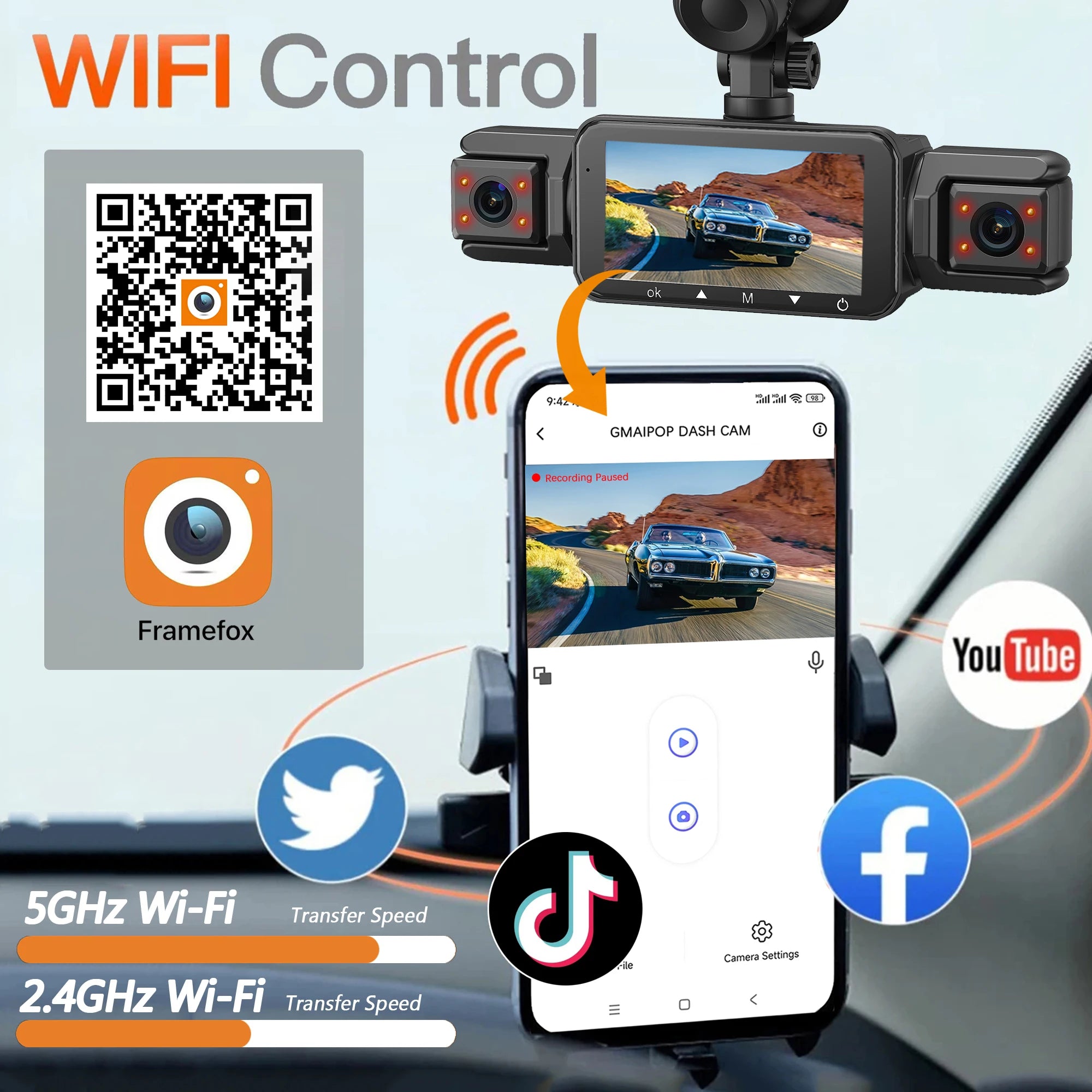 Dash Cam 4 Cámaras FHD 1080p con WiFi y Monitor de Estacionamiento