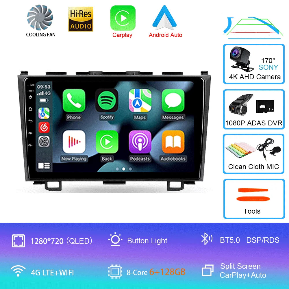 Android 16 Car Radio For Honda CR-V 3 RE CRV 2007 - 2011 Navigation GPS Multimedia Player Stereo WiFi+4G BT Carplay+Auto 2 DIN