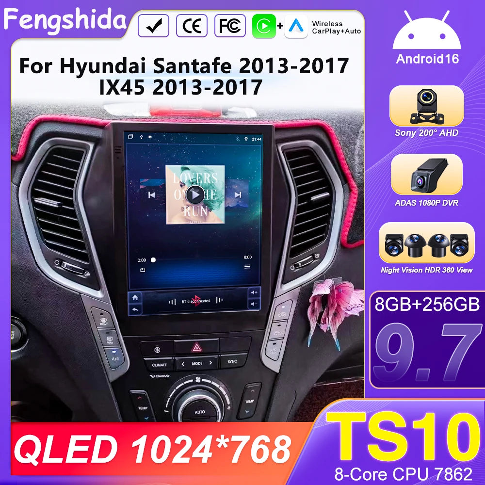 Android16 9.7'' Car Radio For Hyundai Santafe 2013-2017 IX45 2013-2017 Android auto Multimedia Player Carplay Auto 5G Navigation