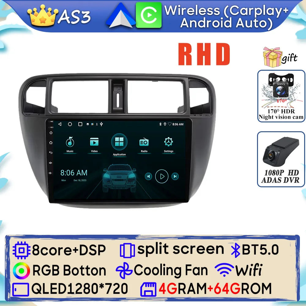 Radio Android 9" para Honda Civic 1995-2001 con GPS, CarPlay y WiFi
