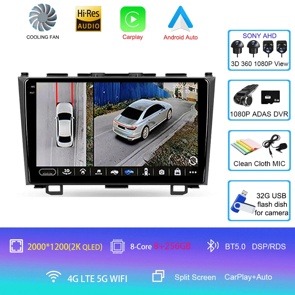 Android 16 Car Radio For Honda CR-V 3 RE CRV 2007 - 2011 Navigation GPS Multimedia Player Stereo WiFi+4G BT Carplay+Auto 2 DIN