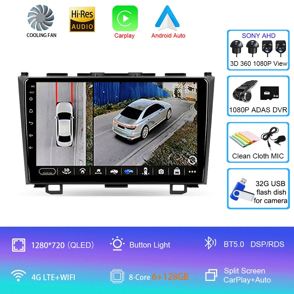 Android 16 Car Radio For Honda CR-V 3 RE CRV 2007 - 2011 Navigation GPS Multimedia Player Stereo WiFi+4G BT Carplay+Auto 2 DIN