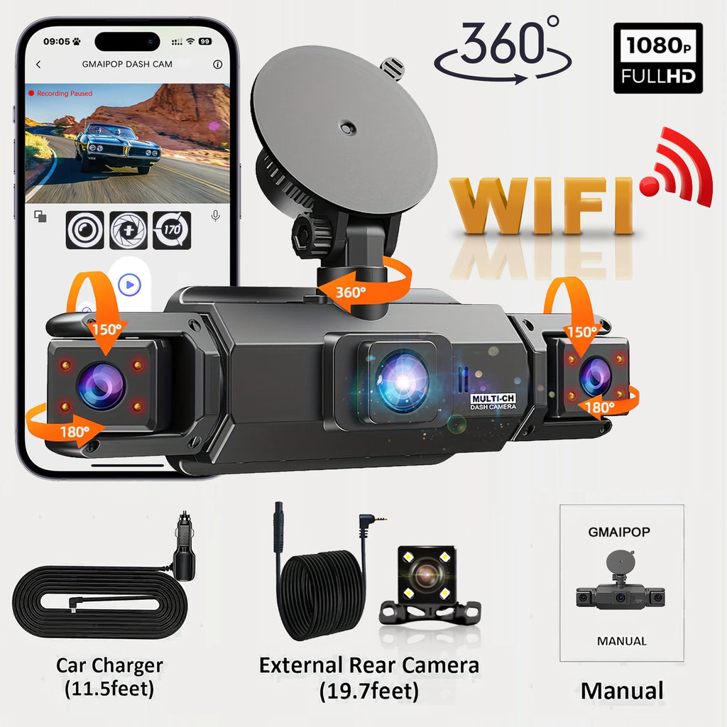 Dash Cam 4 Cámaras FHD 1080p con WiFi y Monitor de Estacionamiento