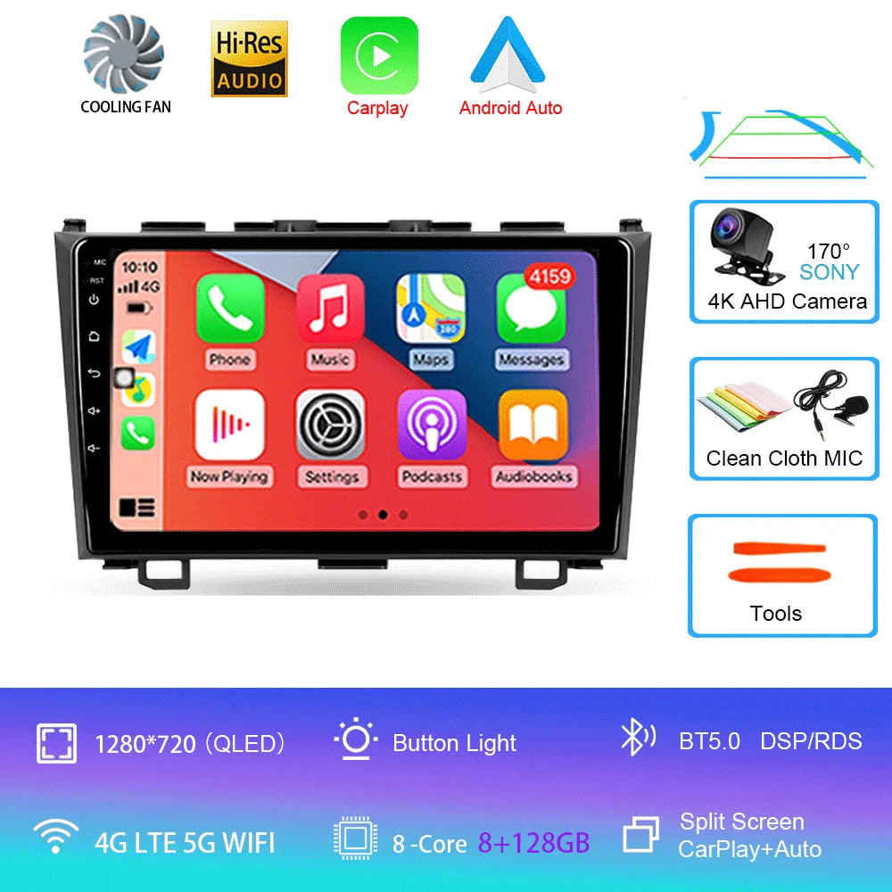 Android 16 Car Radio For Honda CR-V 3 RE CRV 2007 - 2011 Navigation GPS Multimedia Player Stereo WiFi+4G BT Carplay+Auto 2 DIN