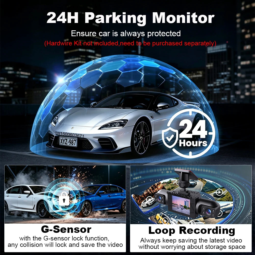 Dash Cam 4 Cámaras HD con Visión Nocturna y Grabación 24H