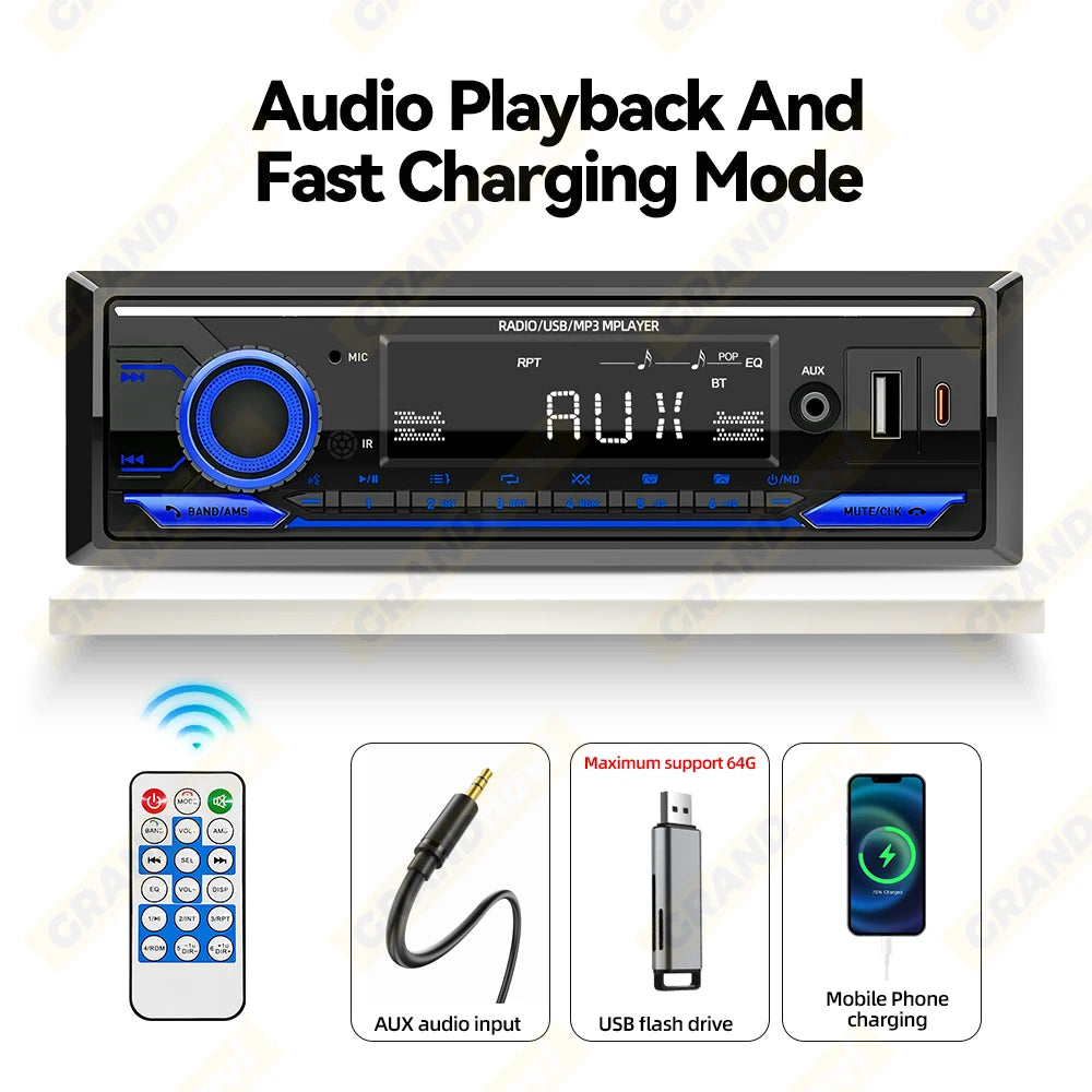 Radio 1 DIN para Auto con Bluetooth, FM, USB Tipo C y Control Remoto