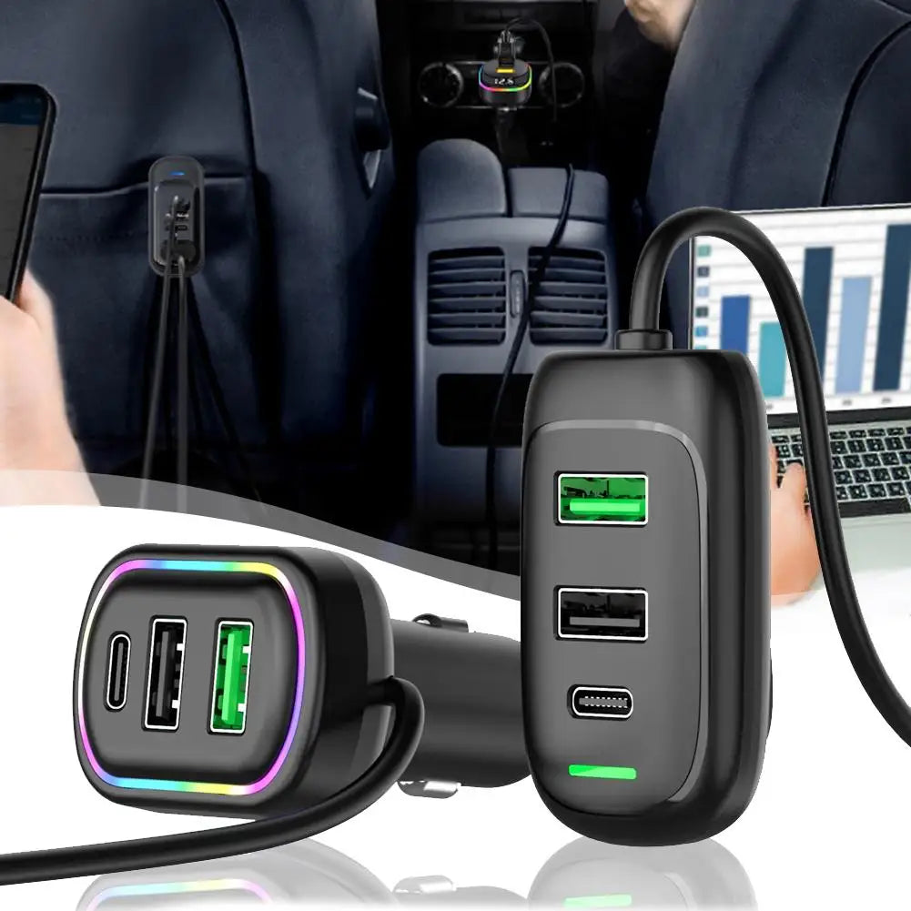 Cargador USB Tipo C para Auto 6 Puertos con Luz RGB y Carga Rápida PD