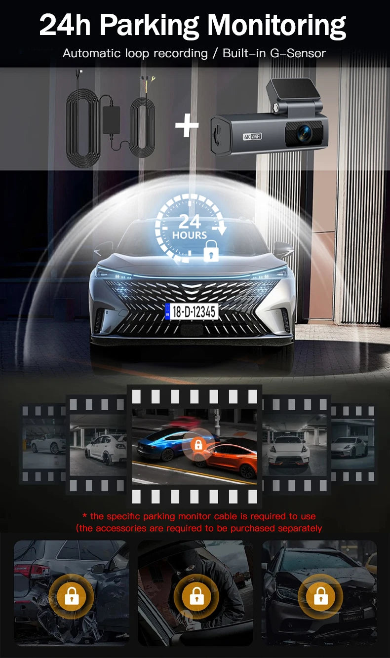 Dash Cam 4K para Auto con Grabación 24H y Monitor de Estacionamiento