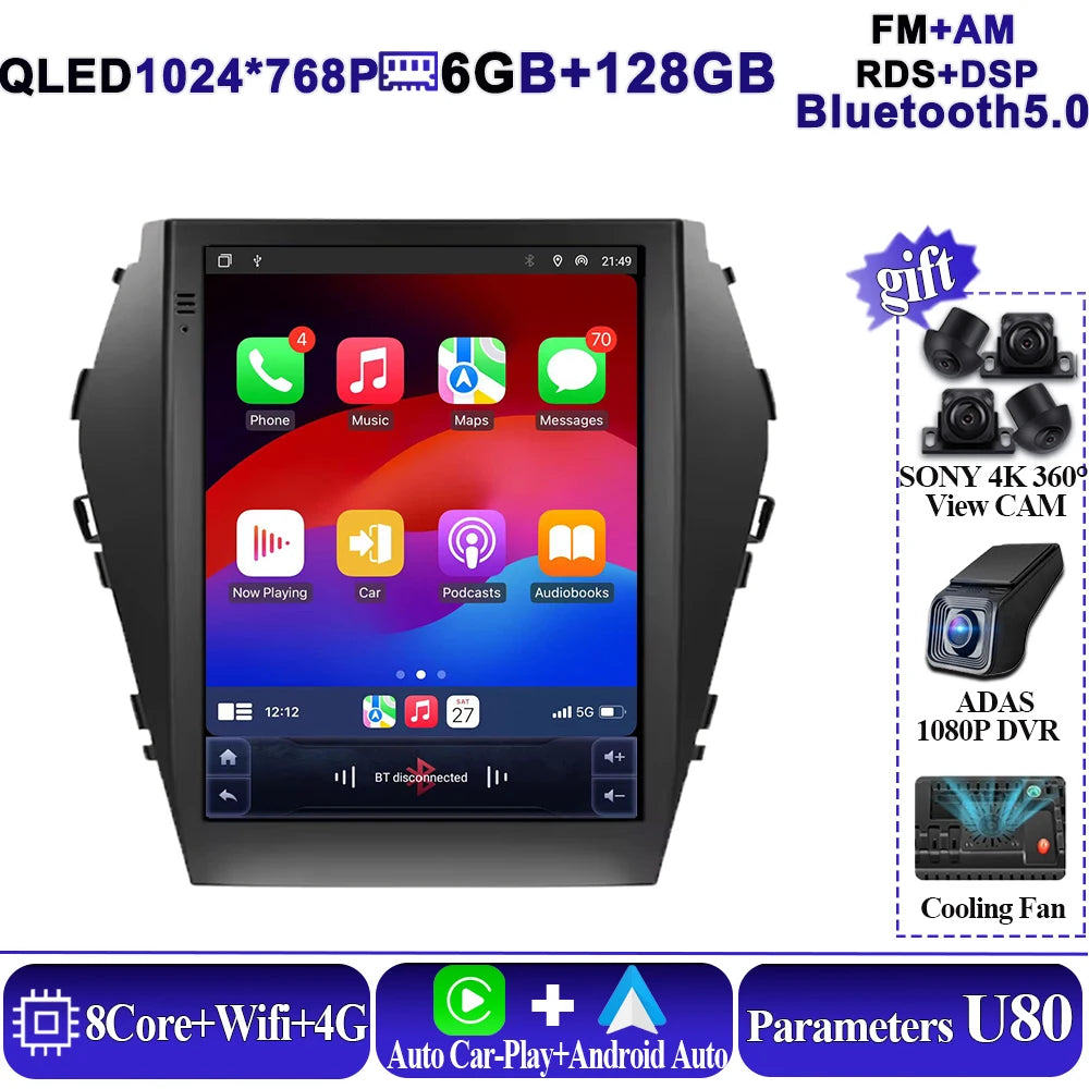 Android16 9.7'' Car Radio For Hyundai Santafe 2013-2017 IX45 2013-2017 Android auto Multimedia Player Carplay Auto 5G Navigation