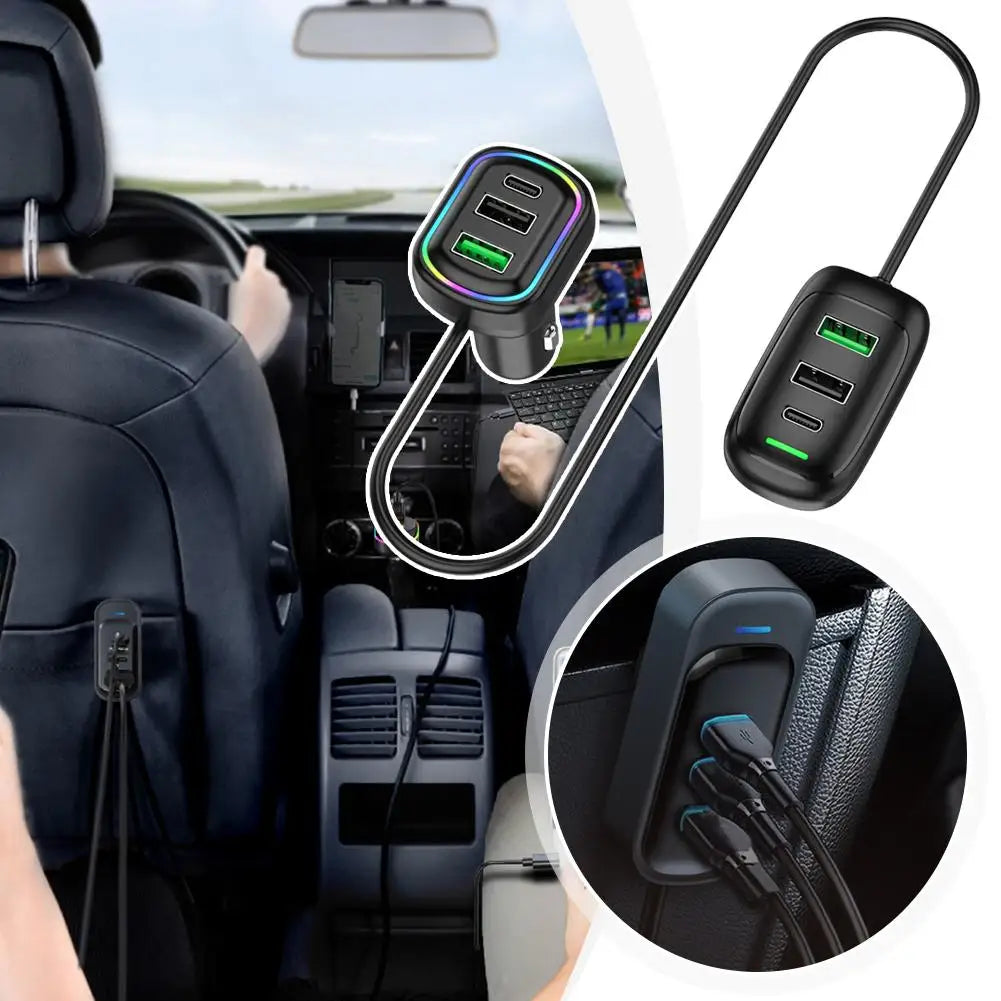 Cargador USB Tipo C para Auto 6 Puertos con Luz RGB y Carga Rápida PD