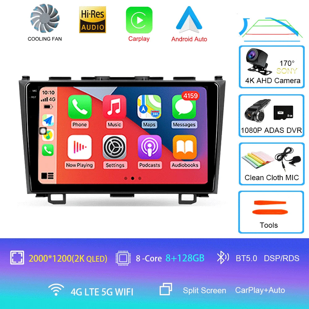 Android 16 Car Radio For Honda CR-V 3 RE CRV 2007 - 2011 Navigation GPS Multimedia Player Stereo WiFi+4G BT Carplay+Auto 2 DIN