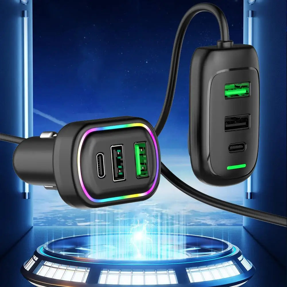 Cargador USB Tipo C para Auto 6 Puertos con Luz RGB y Carga Rápida PD