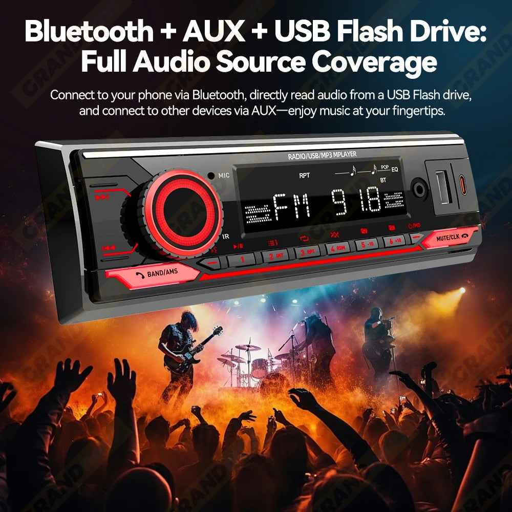 Radio 1 DIN para Auto con Bluetooth, FM, USB Tipo C y Control Remoto
