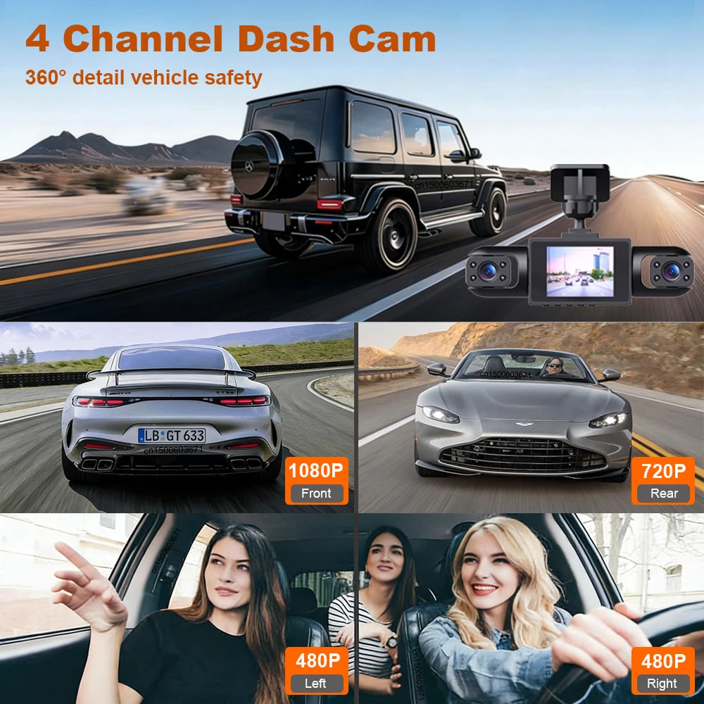 Dash Cam 4 Cámaras HD con Visión Nocturna y Grabación 24H