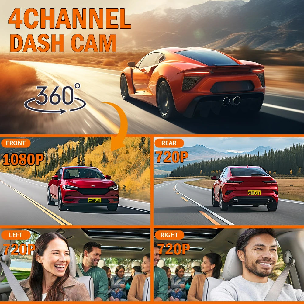 Dash Cam 4 Cámaras FHD 1080p con WiFi y Monitor de Estacionamiento