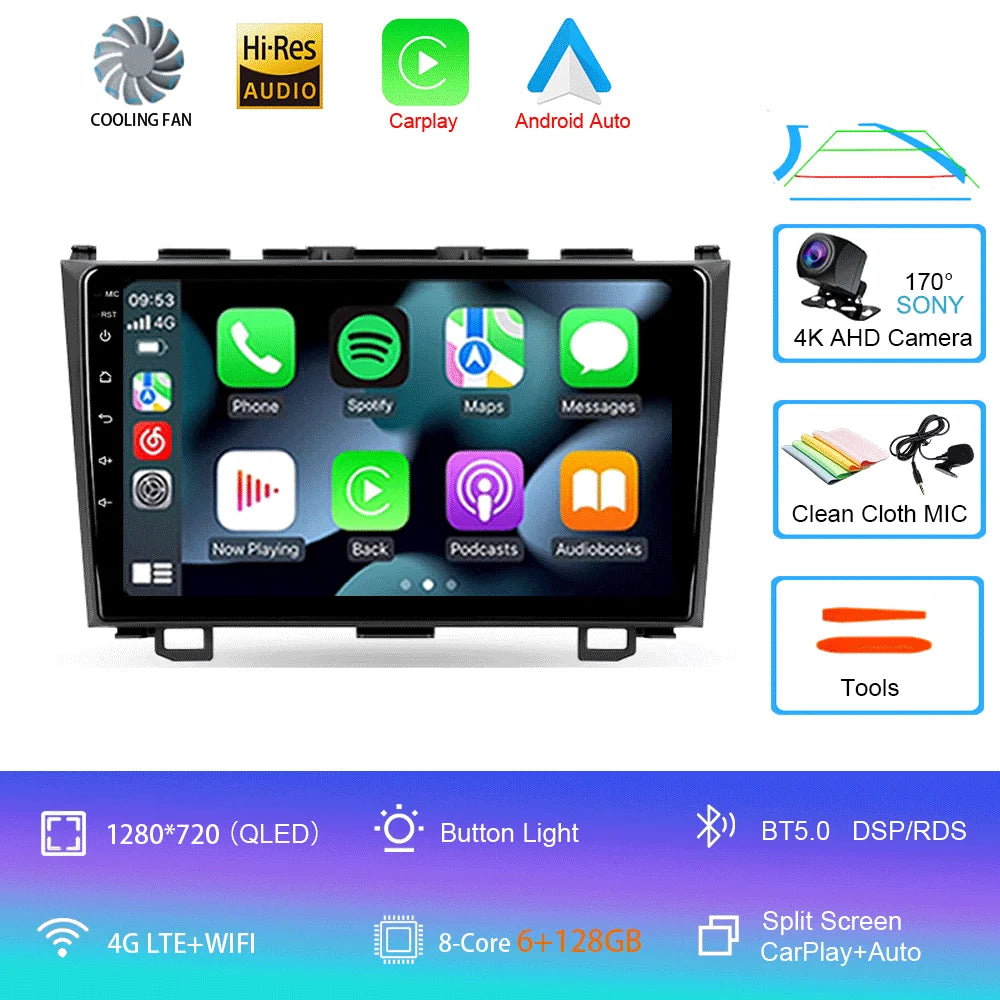 Android 16 Car Radio For Honda CR-V 3 RE CRV 2007 - 2011 Navigation GPS Multimedia Player Stereo WiFi+4G BT Carplay+Auto 2 DIN