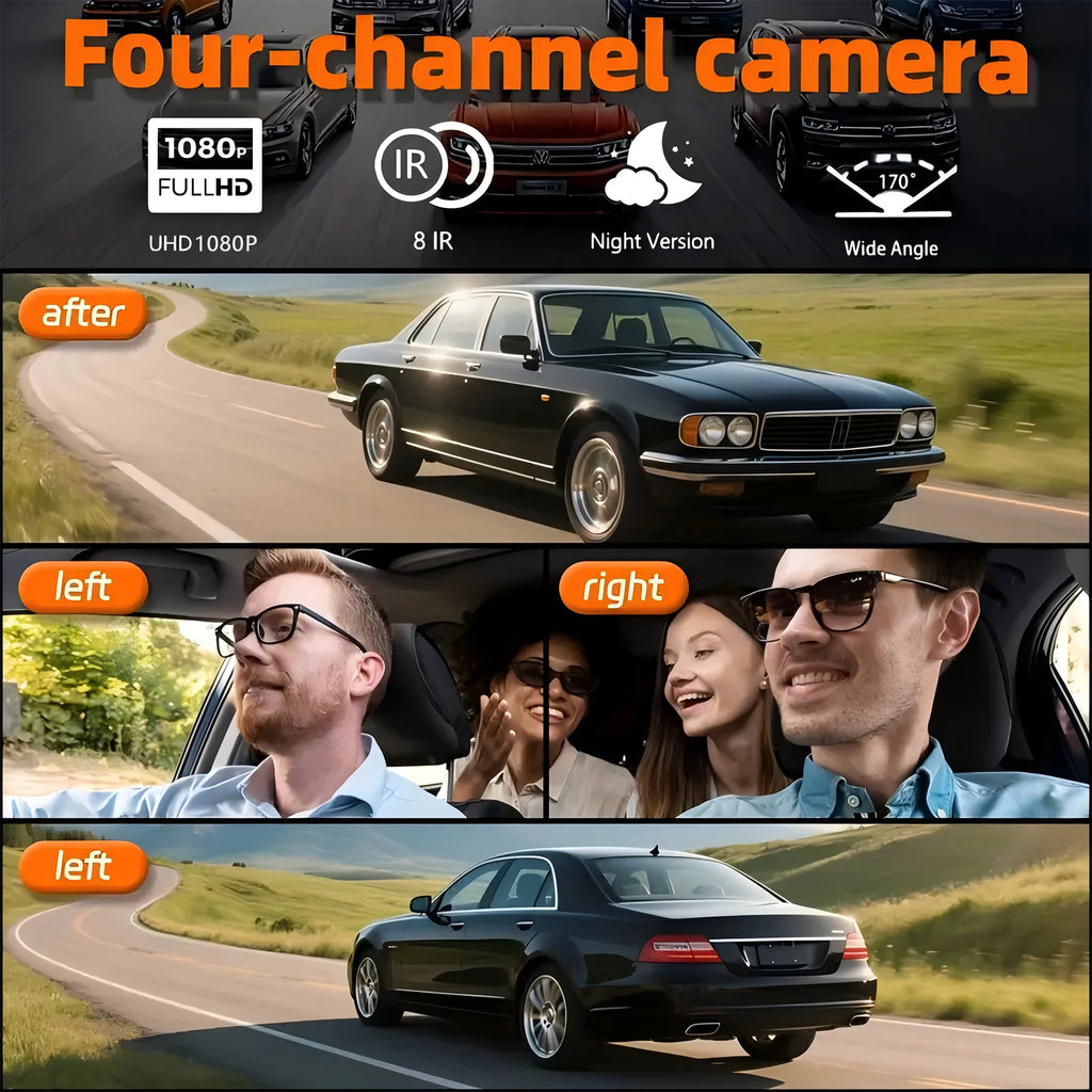 Dash Cam 4 Cámaras FHD 1080p con WiFi y Monitor de Estacionamiento