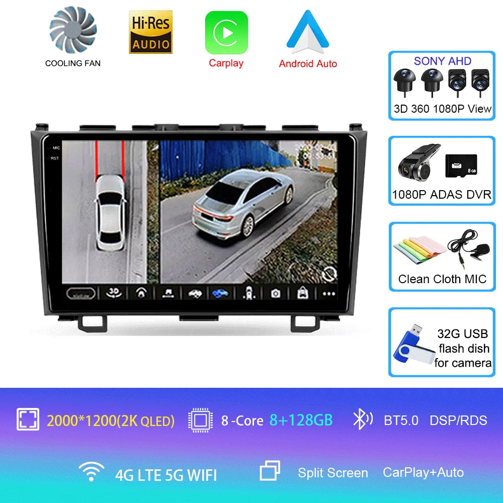 Android 16 Car Radio For Honda CR-V 3 RE CRV 2007 - 2011 Navigation GPS Multimedia Player Stereo WiFi+4G BT Carplay+Auto 2 DIN