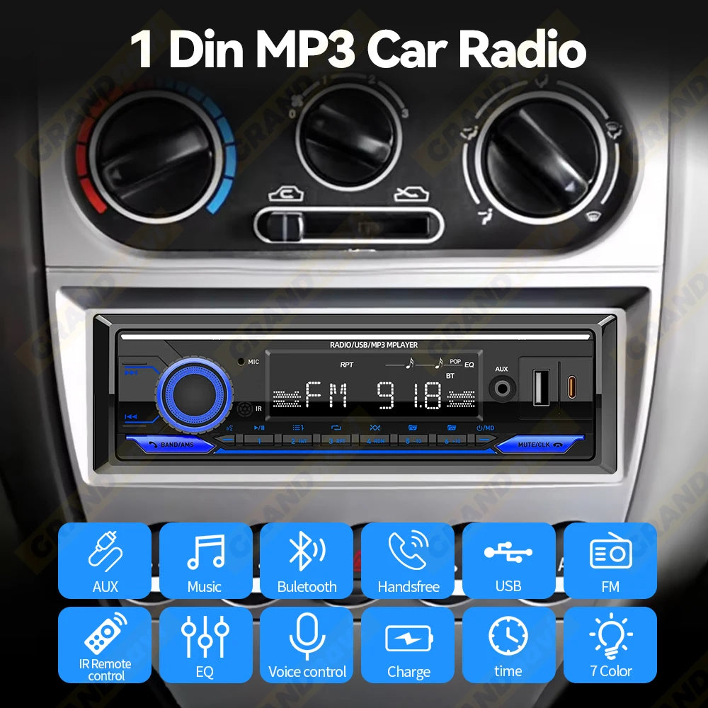 Radio 1 DIN para Auto con Bluetooth, FM, USB Tipo C y Control Remoto