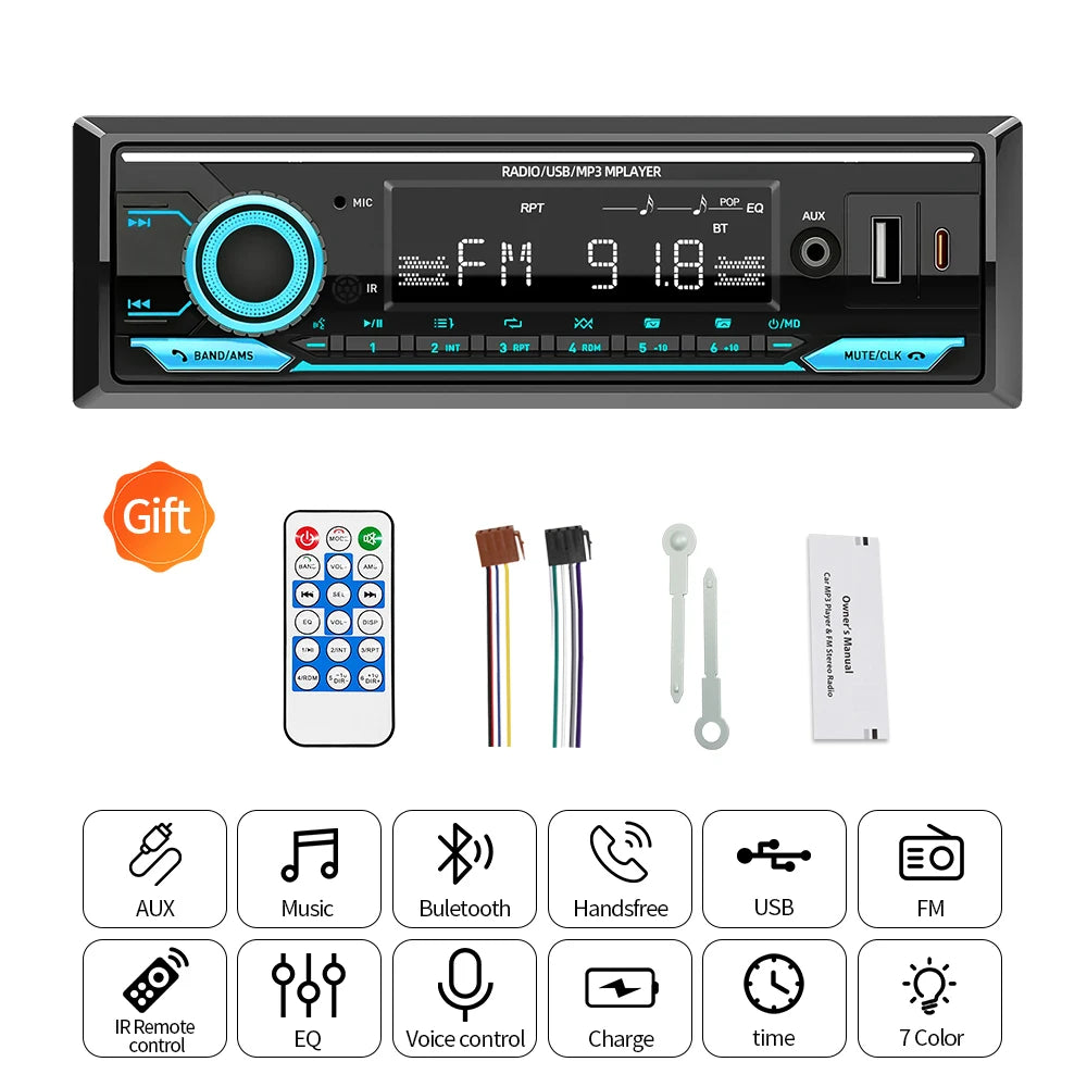 Radio 1 DIN para Auto con Bluetooth, FM, USB Tipo C y Control Remoto