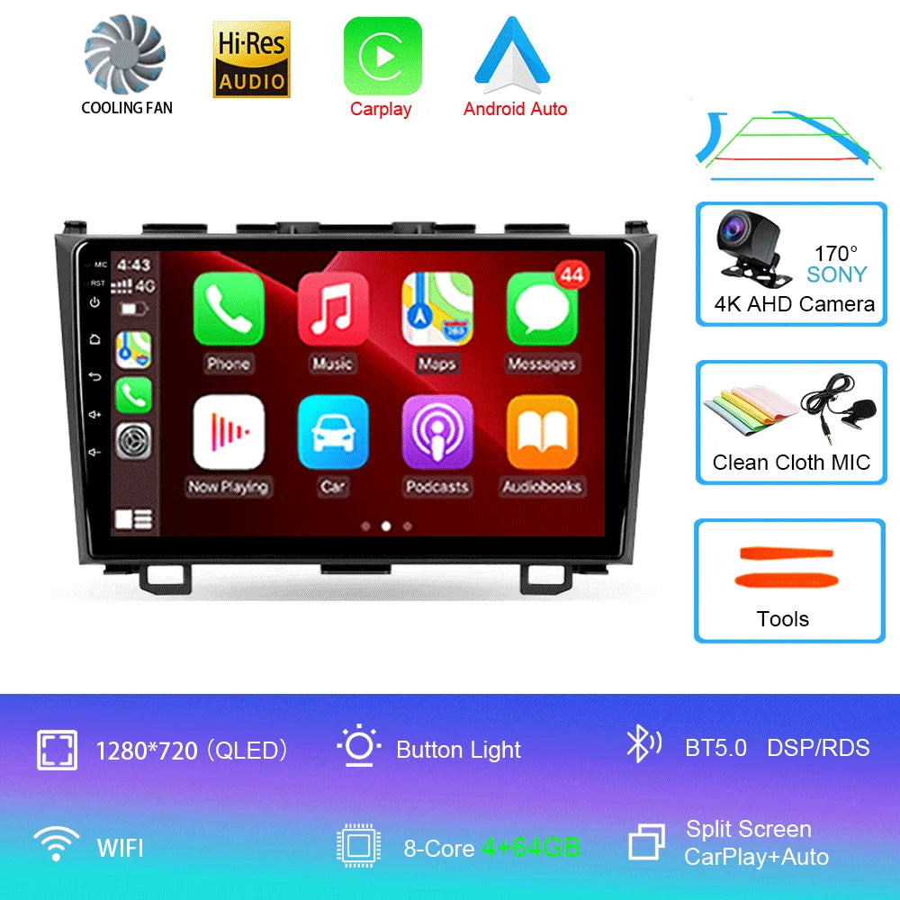 Android 16 Car Radio For Honda CR-V 3 RE CRV 2007 - 2011 Navigation GPS Multimedia Player Stereo WiFi+4G BT Carplay+Auto 2 DIN